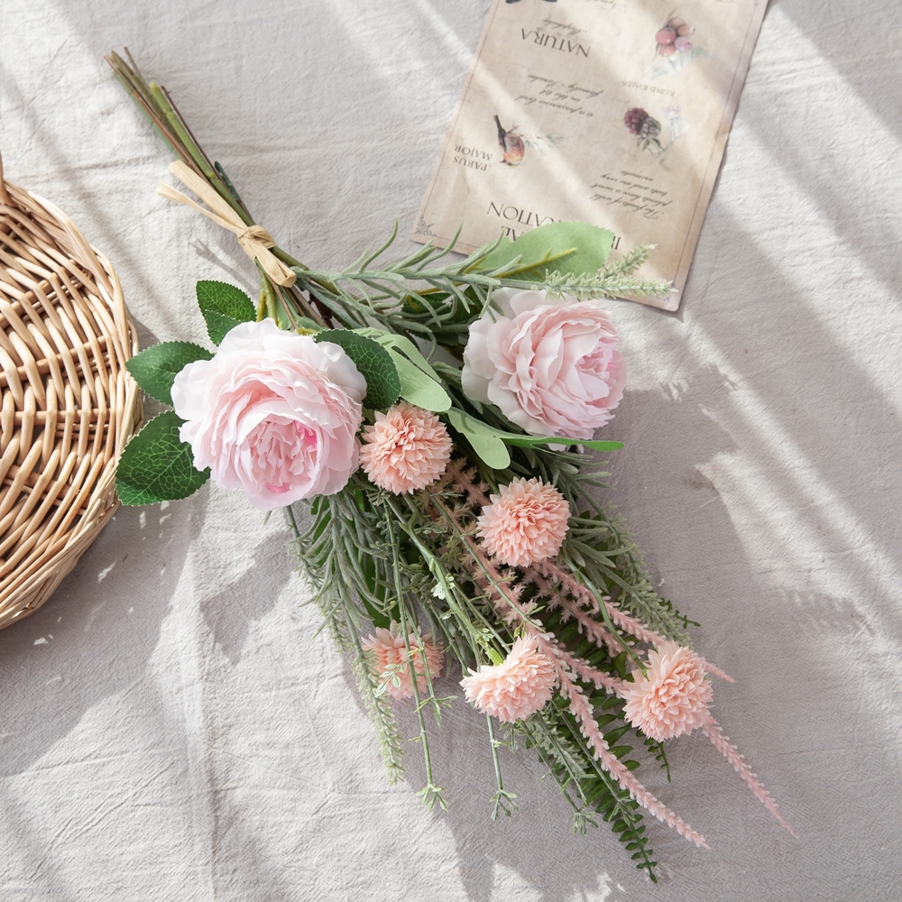 CF01245 Artificial Pink Rose Dandelion Persian Chestnut Rice Grass Sage Bouquet Decorative Wedding Home Flowers