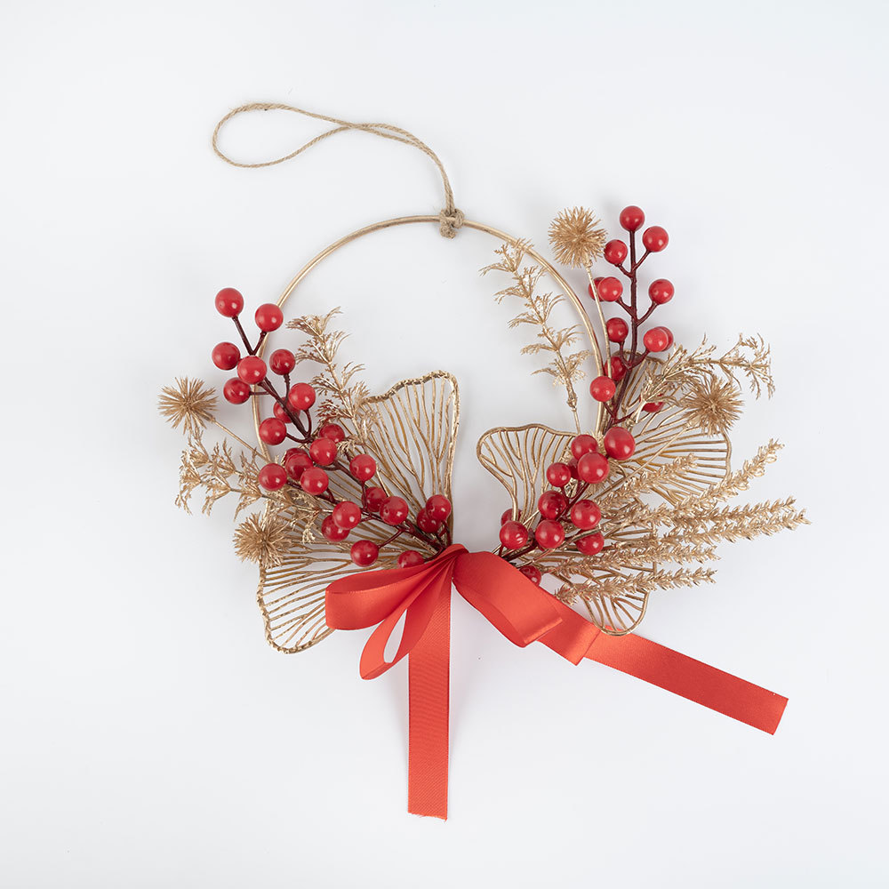CF01086 Artificial Red Berry Gold Wreath Wall Hanging New Design Festive Decorations Christmas Picks