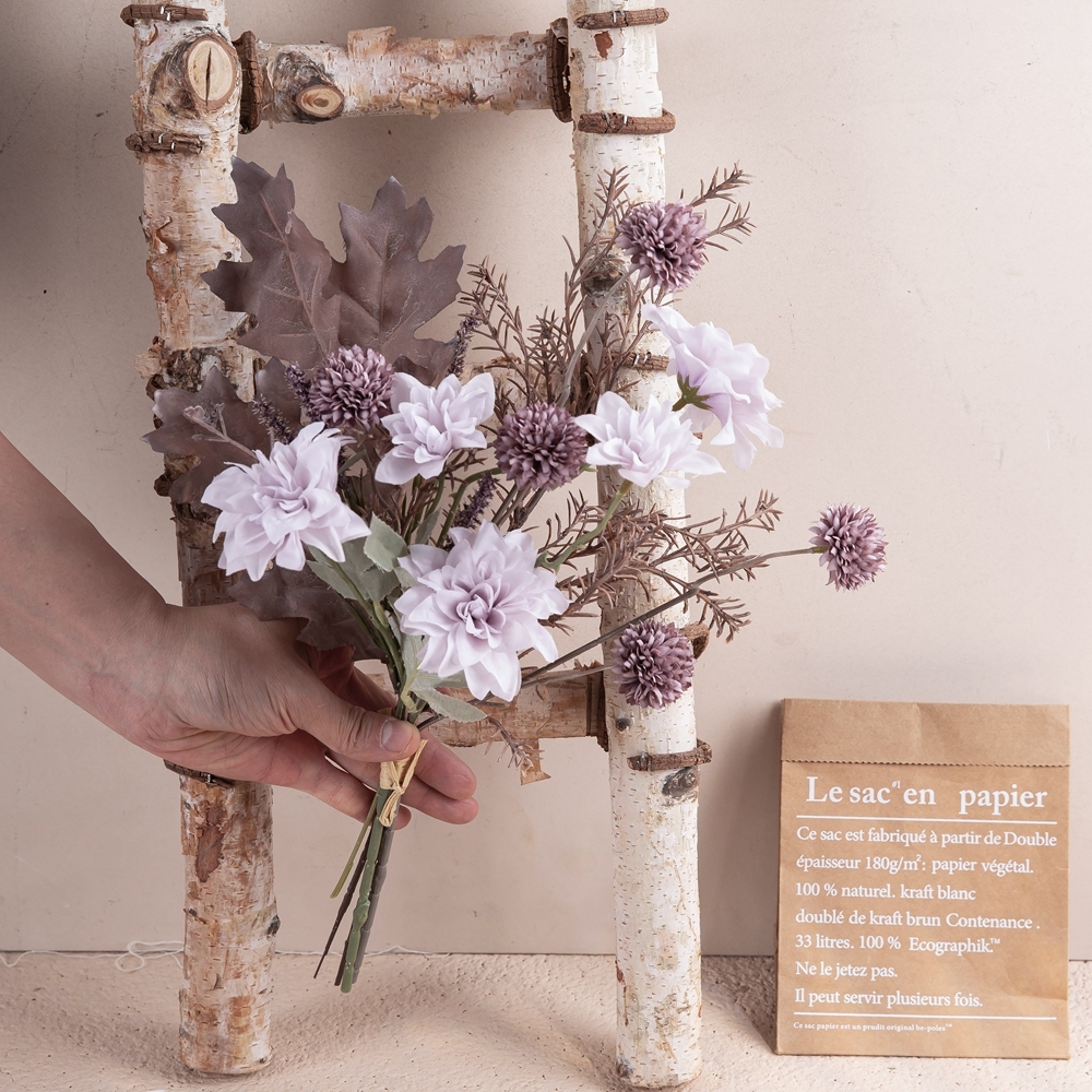 CF01277 Fall Artificial Flower Dry Bouquet Purple Dahlia Dandelion Acorn Leaf Rosemary Dinning Living Room Kitchen Decoration