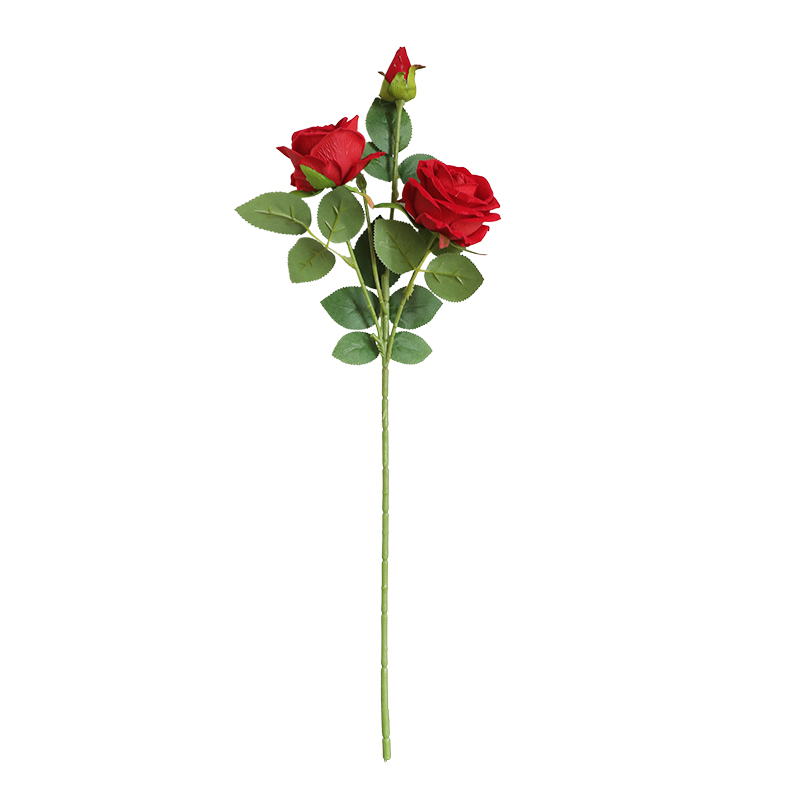 MW03337 Artificial Red Rose Stem Velvet Three Heads Rose Arrangement Wedding Party Decoration Flower
