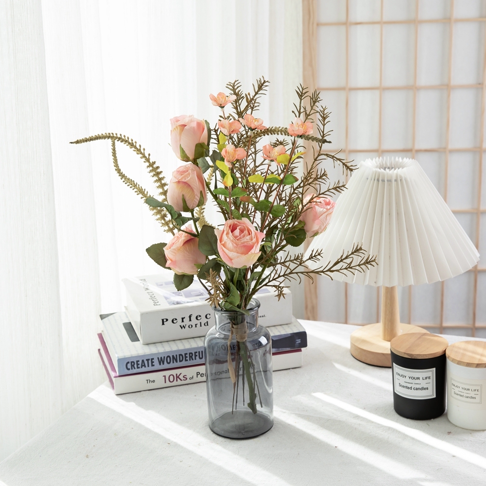 CF01251 CALLAFLORAL Artificial Flower Bouquet Pink Roasted Roses with Rosemary and Sage Bouquet for Wedding Home Hotel Decor