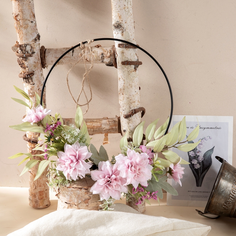 CF01263 Wholesale Hanger Artificial Fabric Dahlia Silk Willow With Iron Circle For Home Arrangement With other Accessories