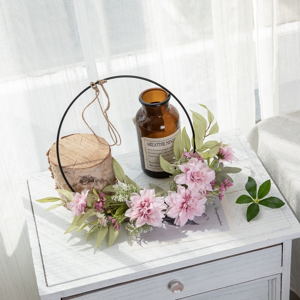 CF01263 Wholesale Hanger Artificial Fabric Dahlia Silk Willow With Iron Circle For Home Arrangement With other Accessories