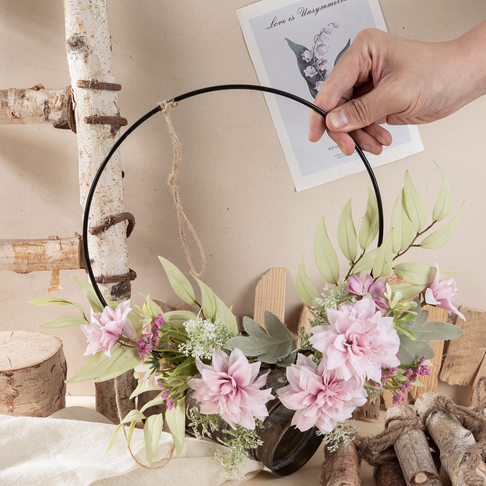 CF01263 Wholesale Hanger Artificial Fabric Dahlia Silk Willow With Iron Circle For Home Arrangement With other Accessories