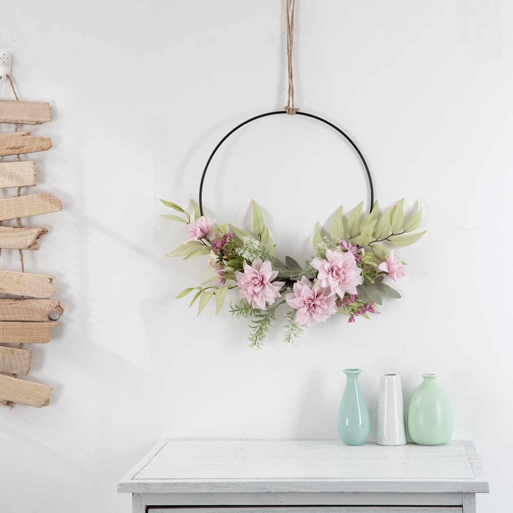 CF01263 Wholesale Hanger Artificial Fabric Dahlia Silk Willow With Iron Circle For Home Arrangement With other Accessories