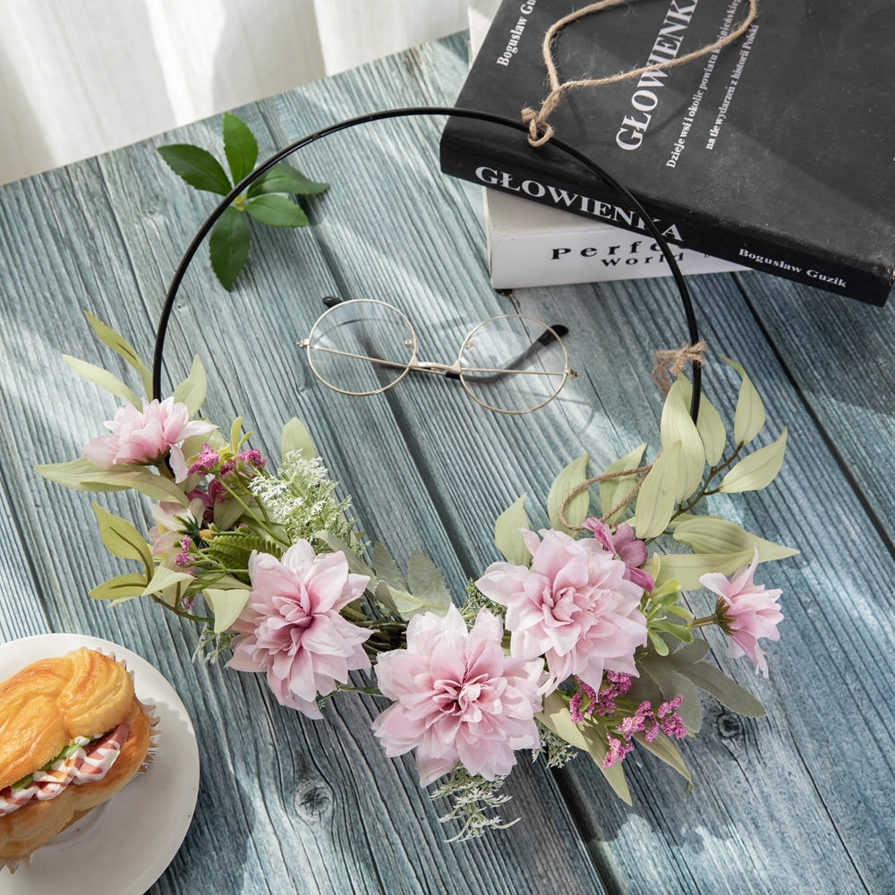 CF01263 Wholesale Hanger Artificial Fabric Dahlia Silk Willow With Iron Circle For Home Arrangement With other Accessories