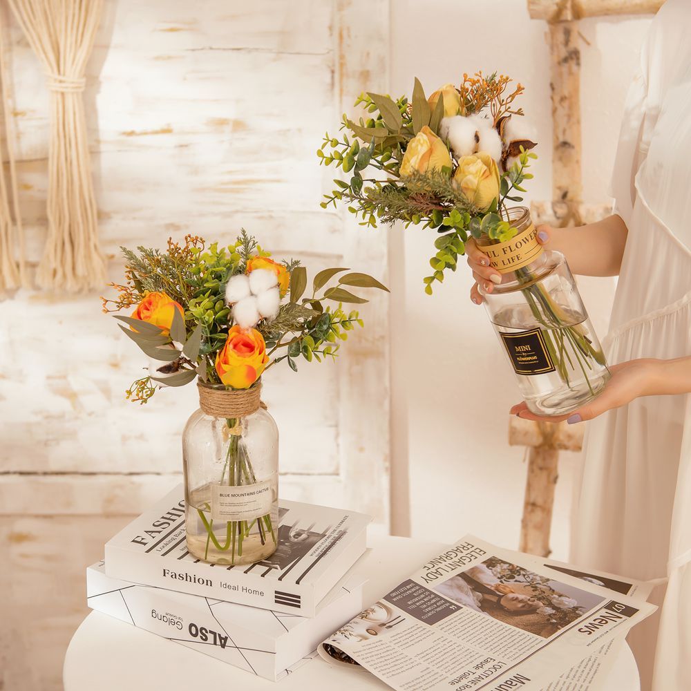 YC1043 New Design Artificial Flower Bouquet Orange Rose cotton For Decorative Flower