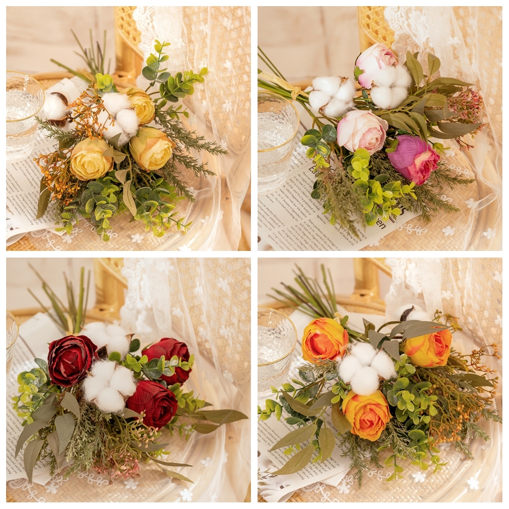 YC1043 New Design Artificial Flower Bouquet Orange Rose cotton For Decorative Flower