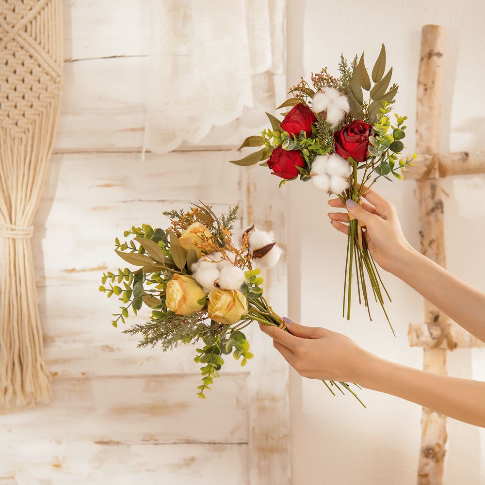 YC1043 New Design Artificial Flower Bouquet Orange Rose cotton For Decorative Flower
