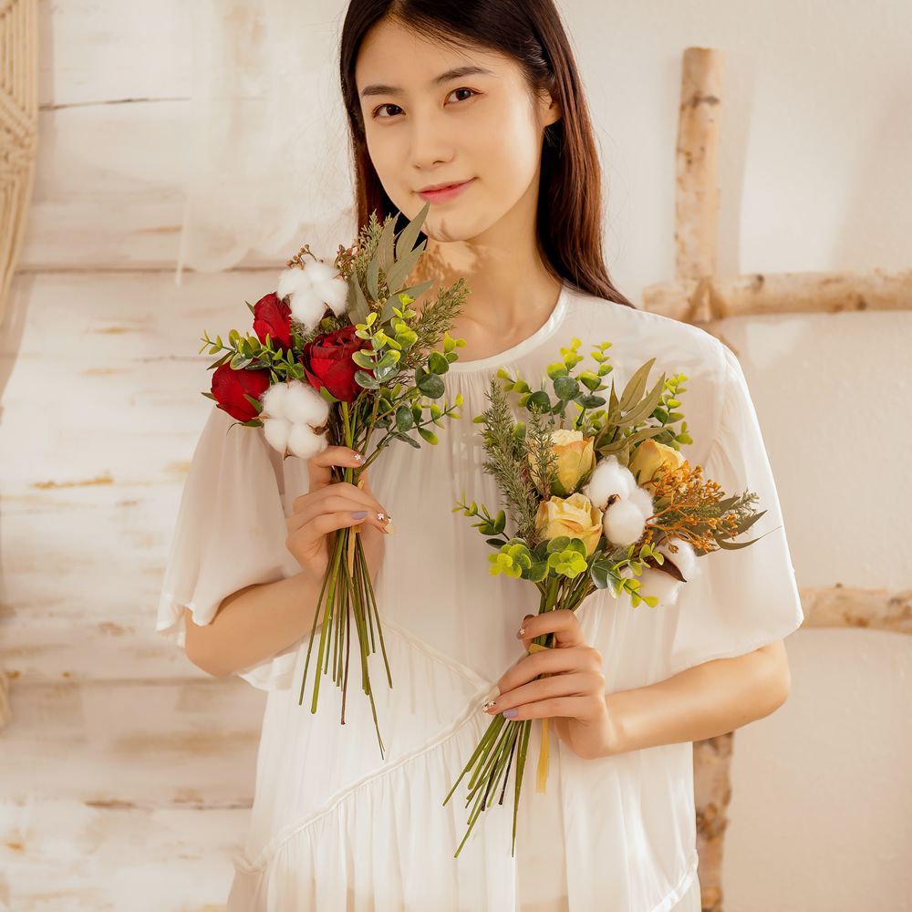 YC1043 New Design Artificial Flower Bouquet Orange Rose cotton For Decorative Flower