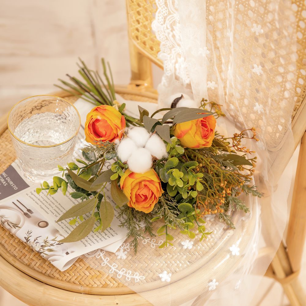 YC1043 New Design Artificial Flower Bouquet Orange Rose cotton For Decorative Flower