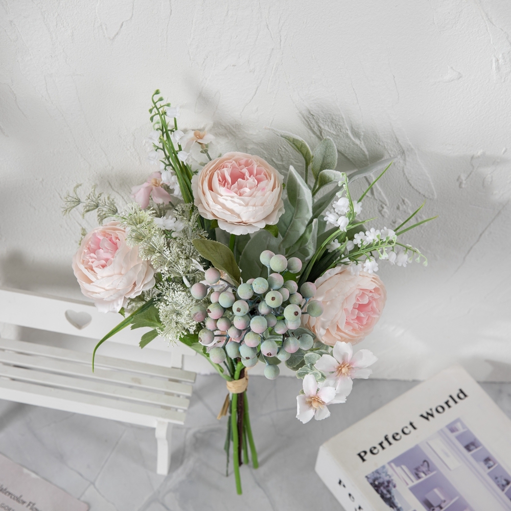 CF01293 Three Pink Peonies with Berry Leaves Design Flower Arrangement Artificial Flower Bouquet for for Home Decoration