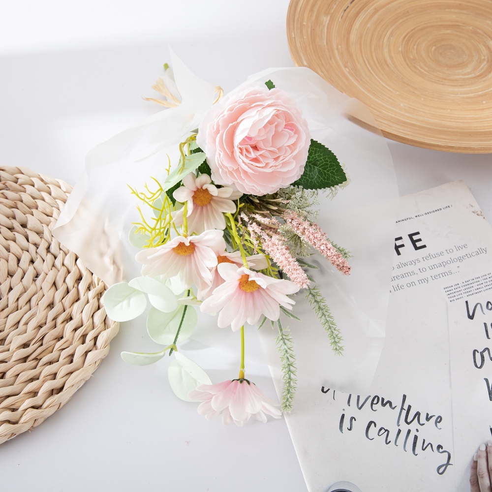 CF01228 New Design Artificial Flower Bouquet Fabric White Pink Sunflower Rose Handle for Home Party Wedding Decoration