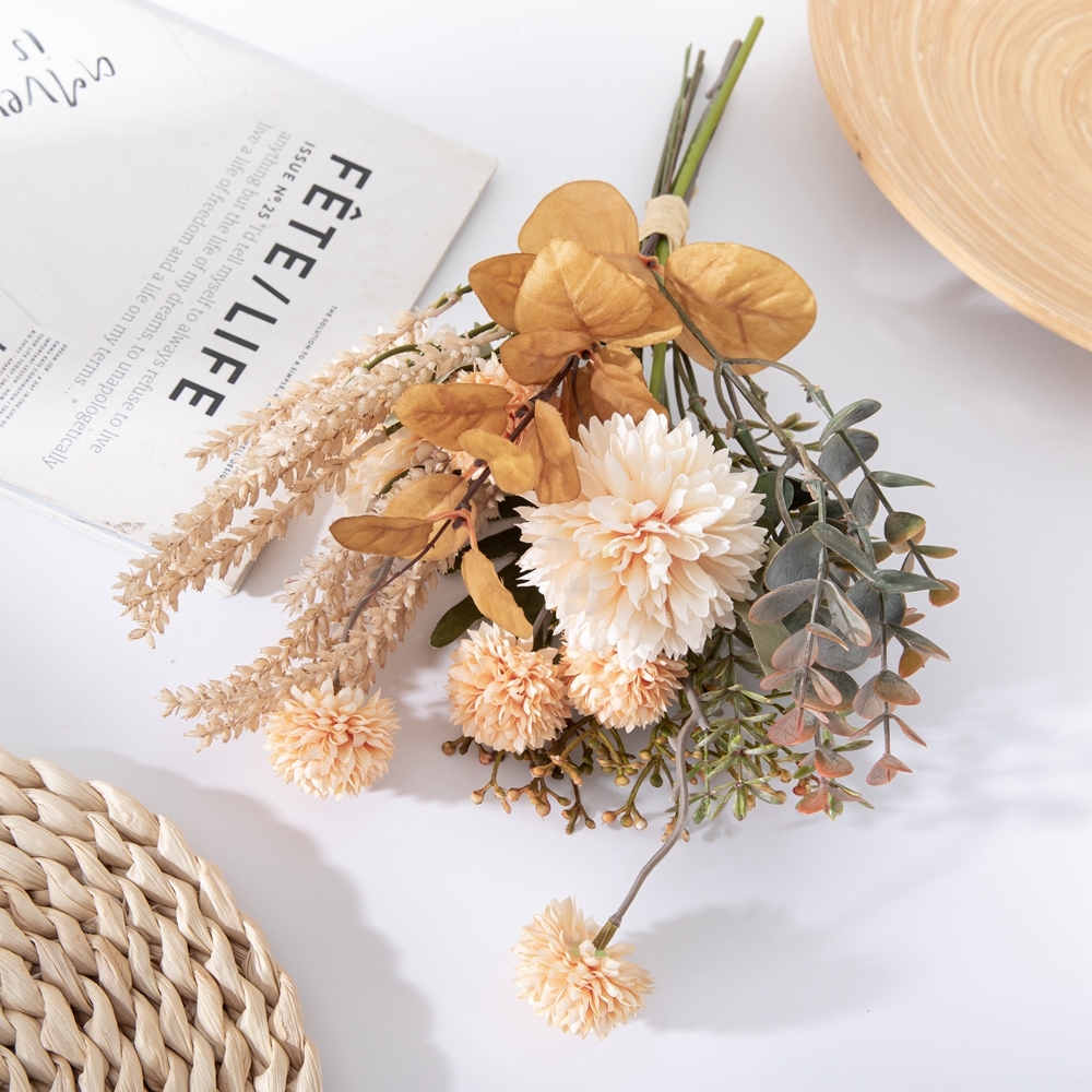 CF01221 Hot Selling Artificial Flower Bouquet Fabric Champagne Dandelion Bunch for Home Party Wedding Decoration