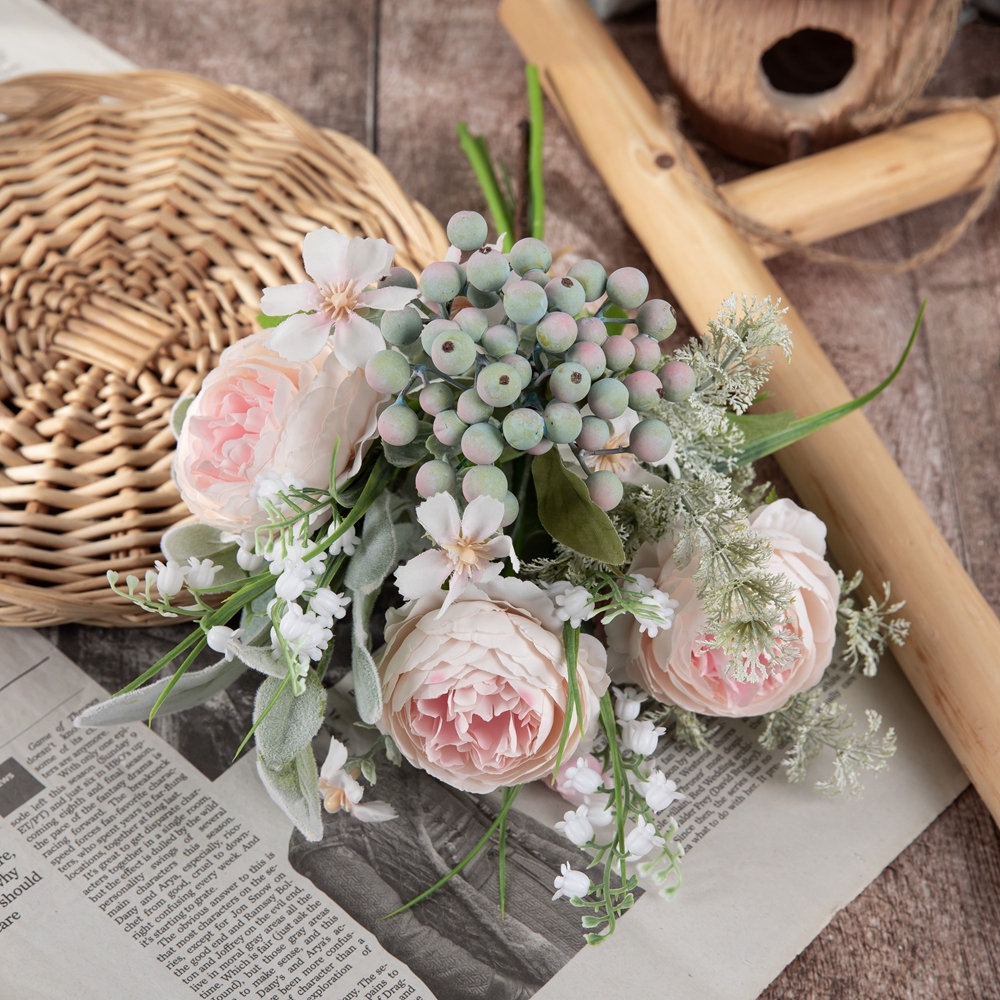 CF01293 Three Pink Peonies with Berry Leaves Design Flower Arrangement Artificial Flower Bouquet for for Home Decoration