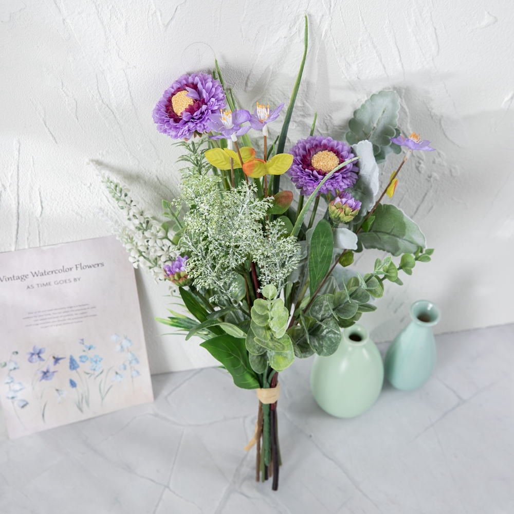 CF01295 Artificial Bouquet Purple round chrysanthemums with leaves bouquet for Home Hotel Wedding Christmas Tables Decorations