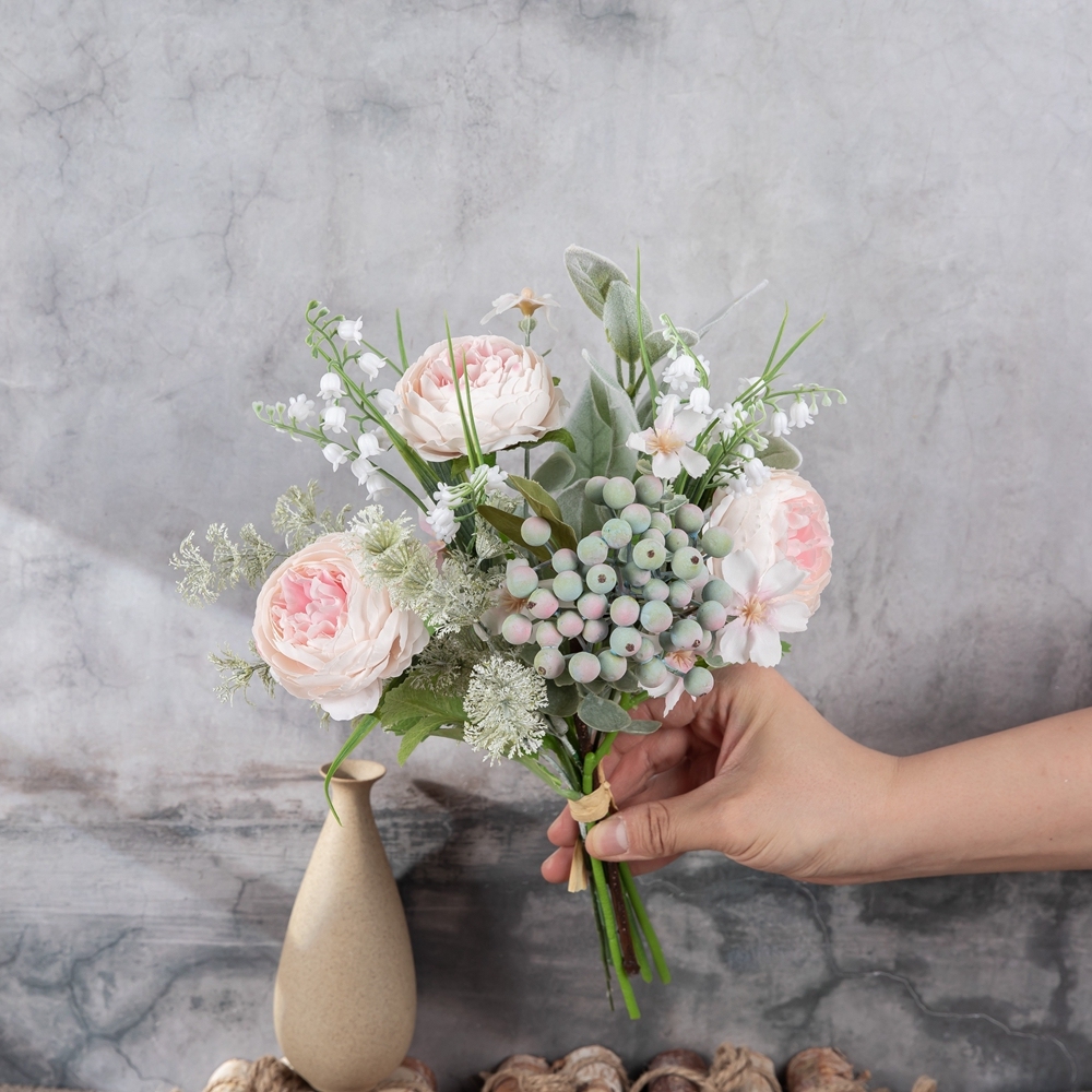 CF01293 Three Pink Peonies with Berry Leaves Design Flower Arrangement Artificial Flower Bouquet for for Home Decoration