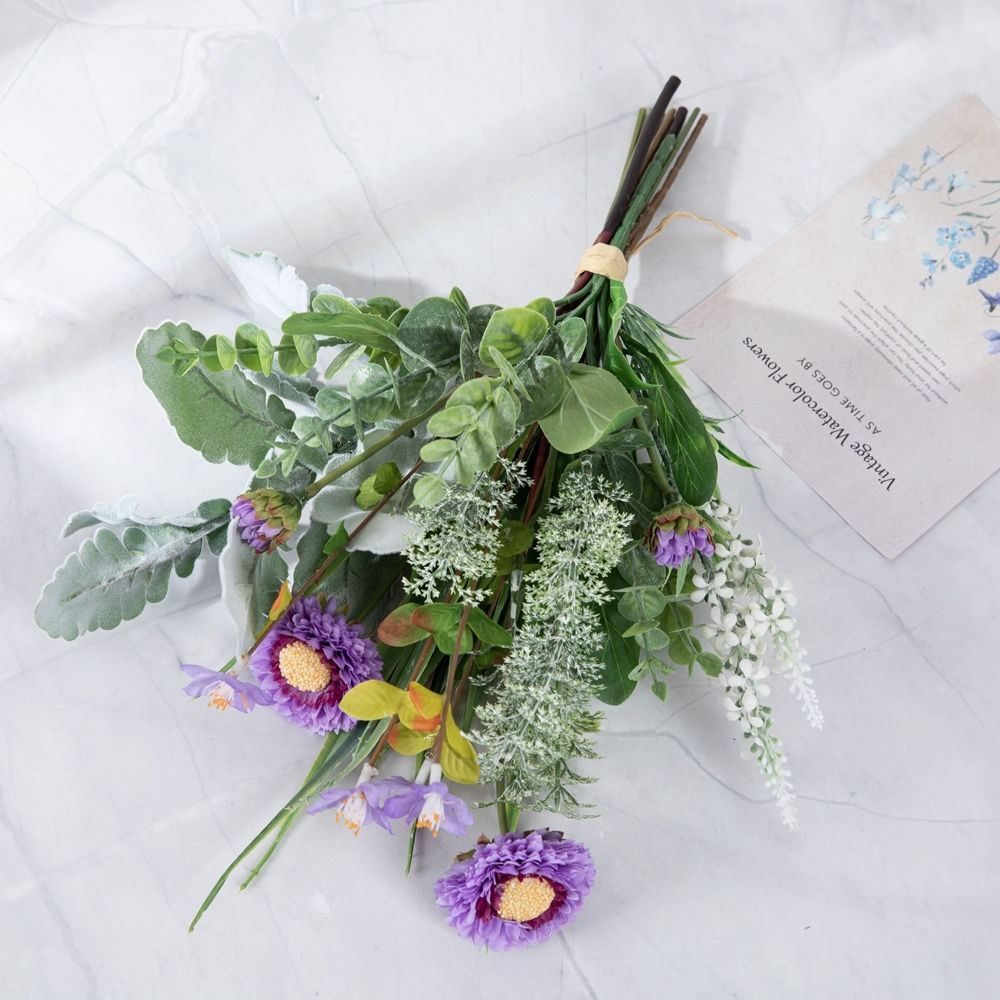 CF01295 Artificial Bouquet Purple round chrysanthemums with leaves bouquet for Home Hotel Wedding Christmas Tables Decorations