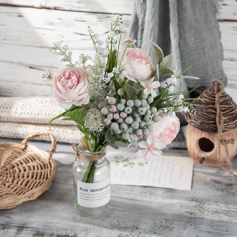 CF01293 Three Pink Peonies with Berry Leaves Design Flower Arrangement Artificial Flower Bouquet for for Home Decoration