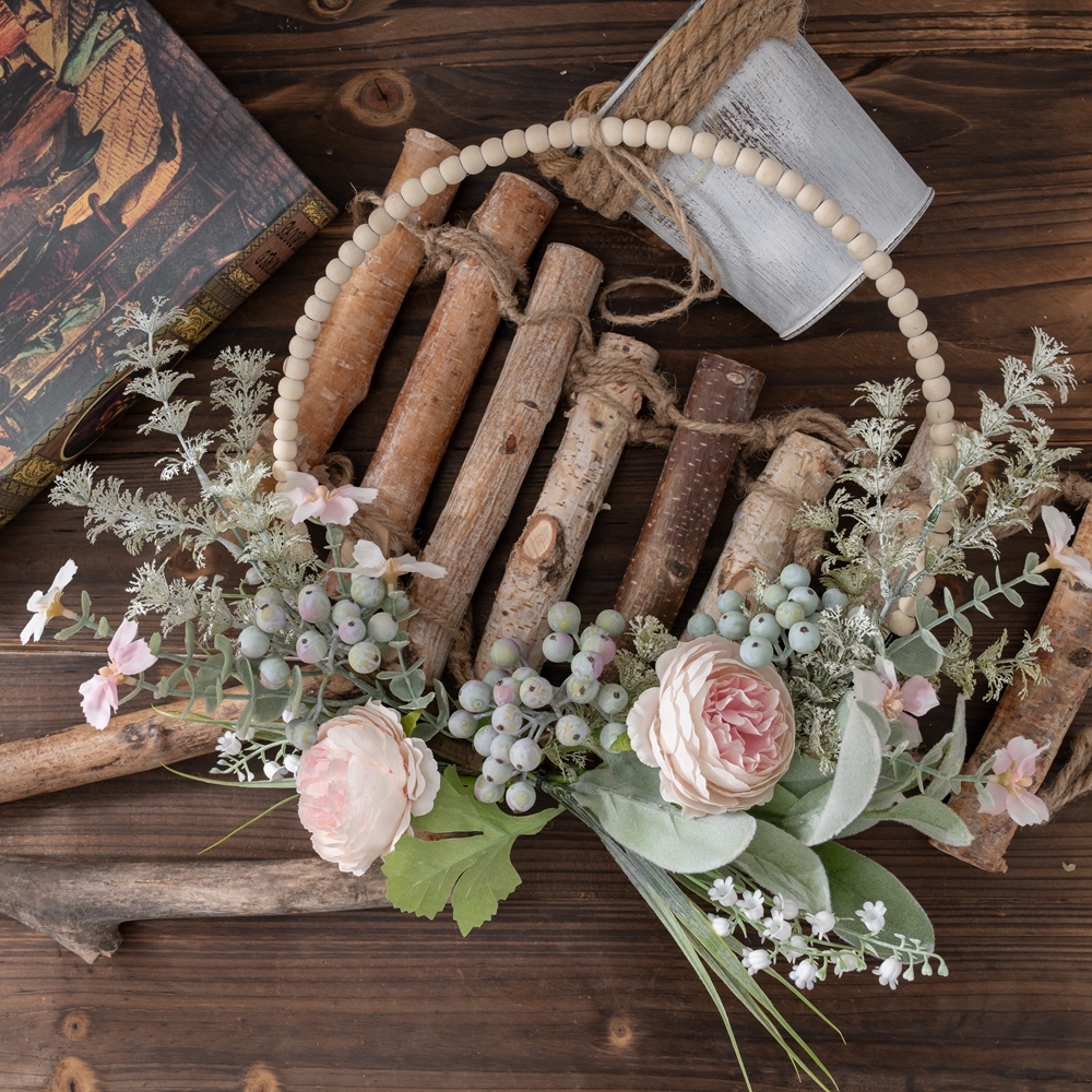 CF01294 Artificial Flower Pink Ranunculus Rose Berry Orchid Wood Beads Flower Wreath for Home Decor Christmas Decor
