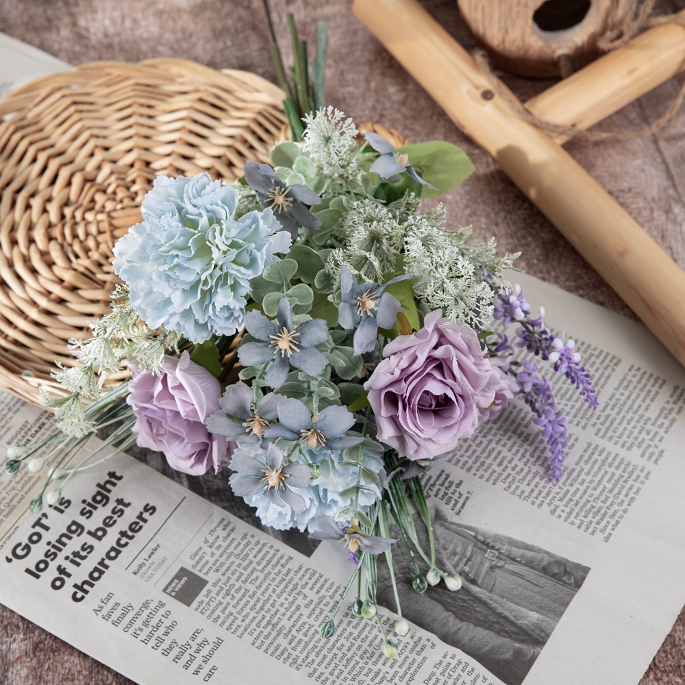 CF01289 Artificial Flowers Silk Purple Rose Blue Carnation Orchid Lavender Bouquet for Wedding Centerpieces Home Party Decor