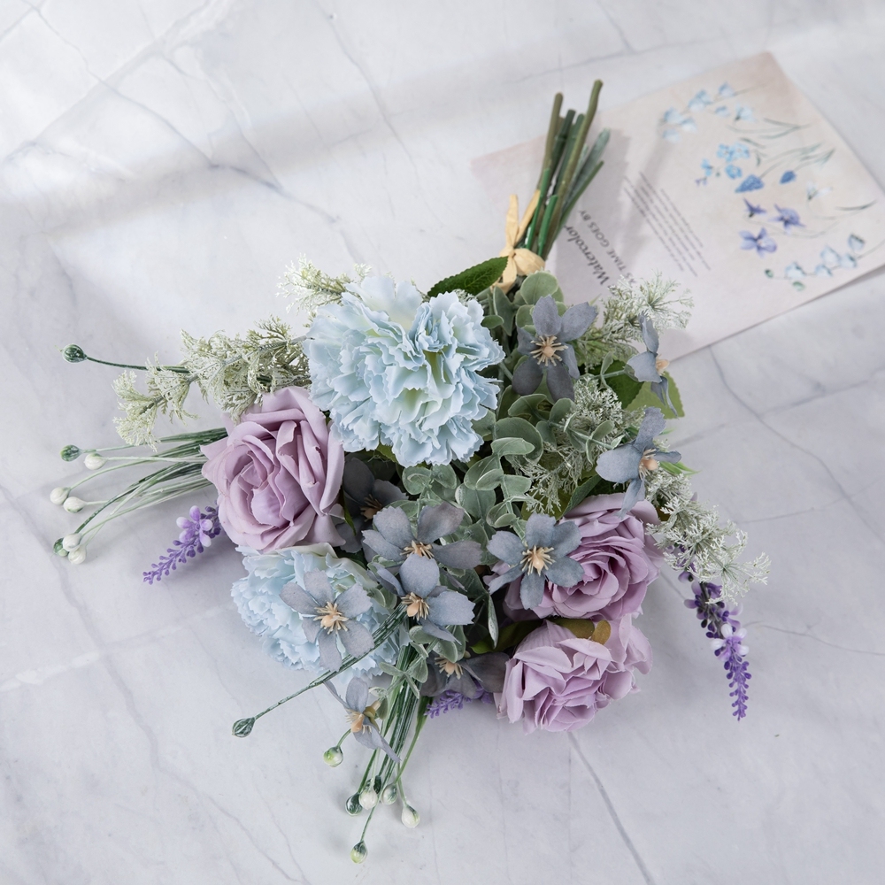 CF01289 Artificial Flowers Silk Purple Rose Blue Carnation Orchid Lavender Bouquet for Wedding Centerpieces Home Party Decor