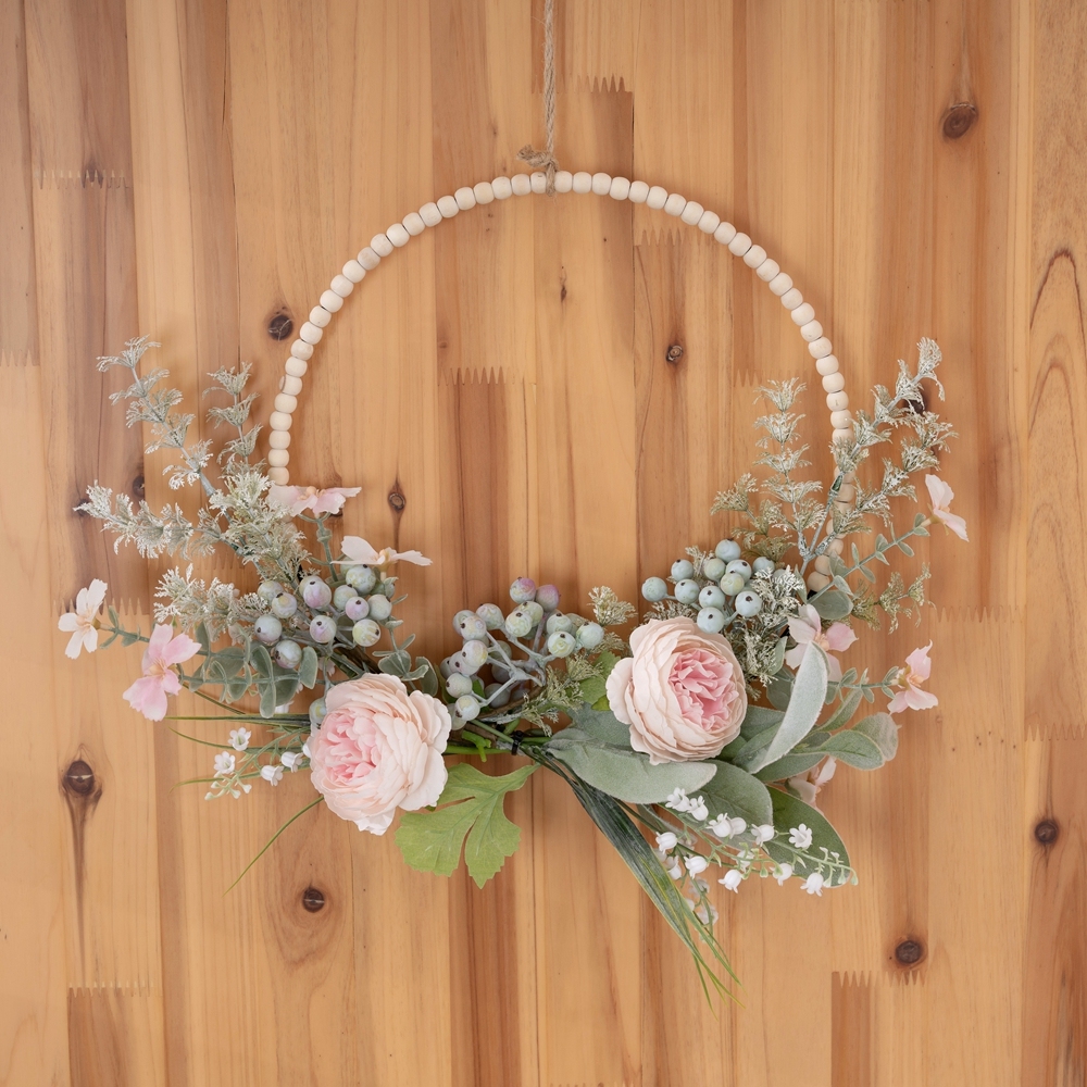 CF01294 Artificial Flower Pink Ranunculus Rose Berry Orchid Wood Beads Flower Wreath for Home Decor Christmas Decor