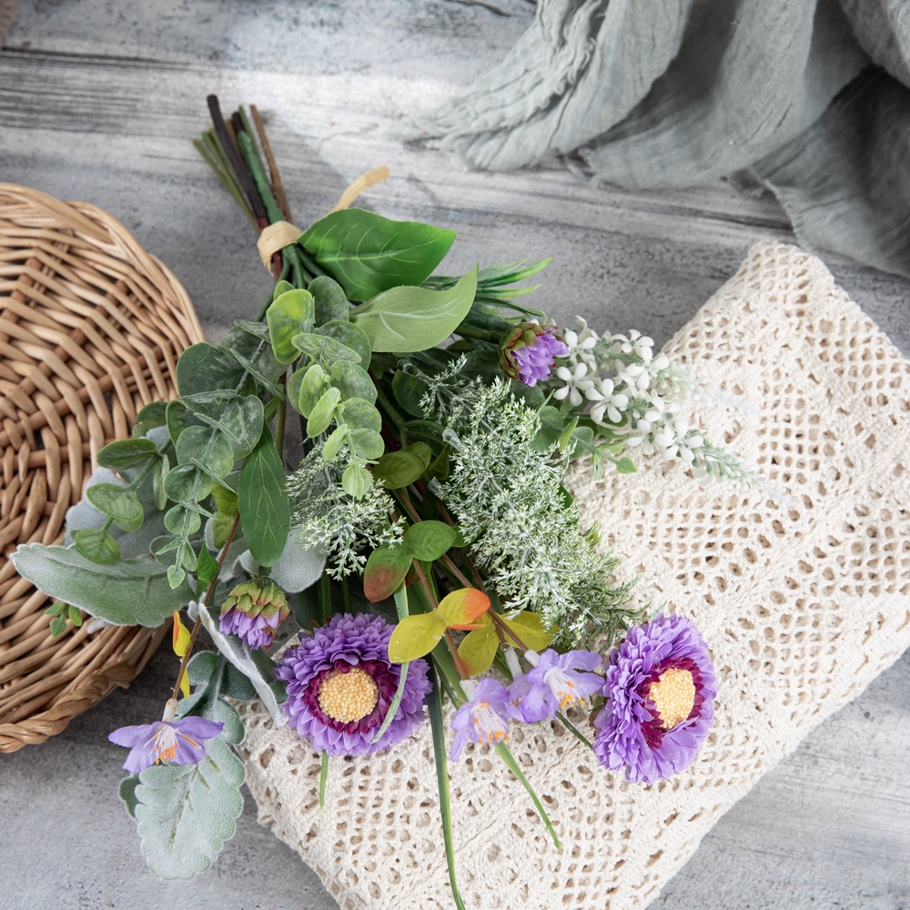 CF01295 Artificial Bouquet Purple round chrysanthemums with leaves bouquet for Home Hotel Wedding Christmas Tables Decorations