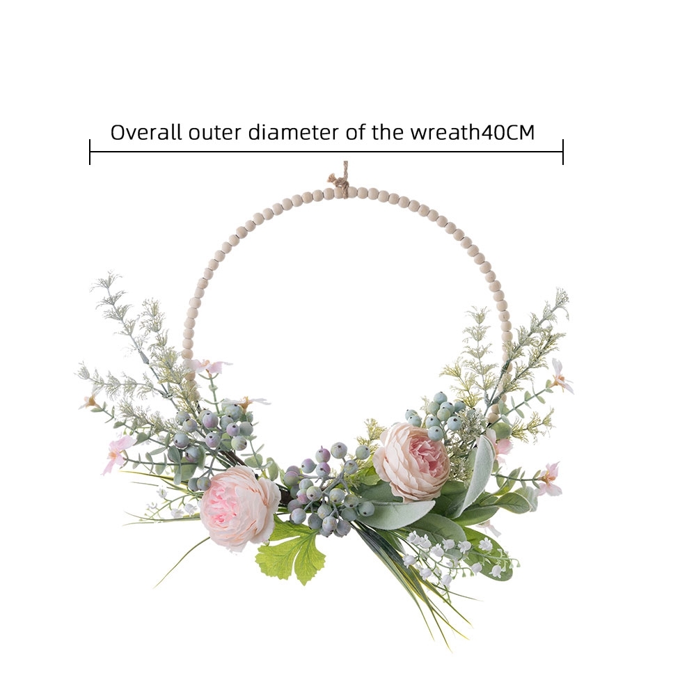 CF01294 Artificial Flower Pink Ranunculus Rose Berry Orchid Wood Beads Flower Wreath for Home Decor Christmas Decor