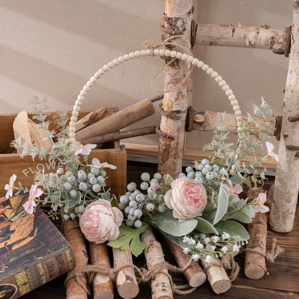 CF01294 Artificial Flower Pink Ranunculus Rose Berry Orchid Wood Beads Flower Wreath for Home Decor Christmas Decor