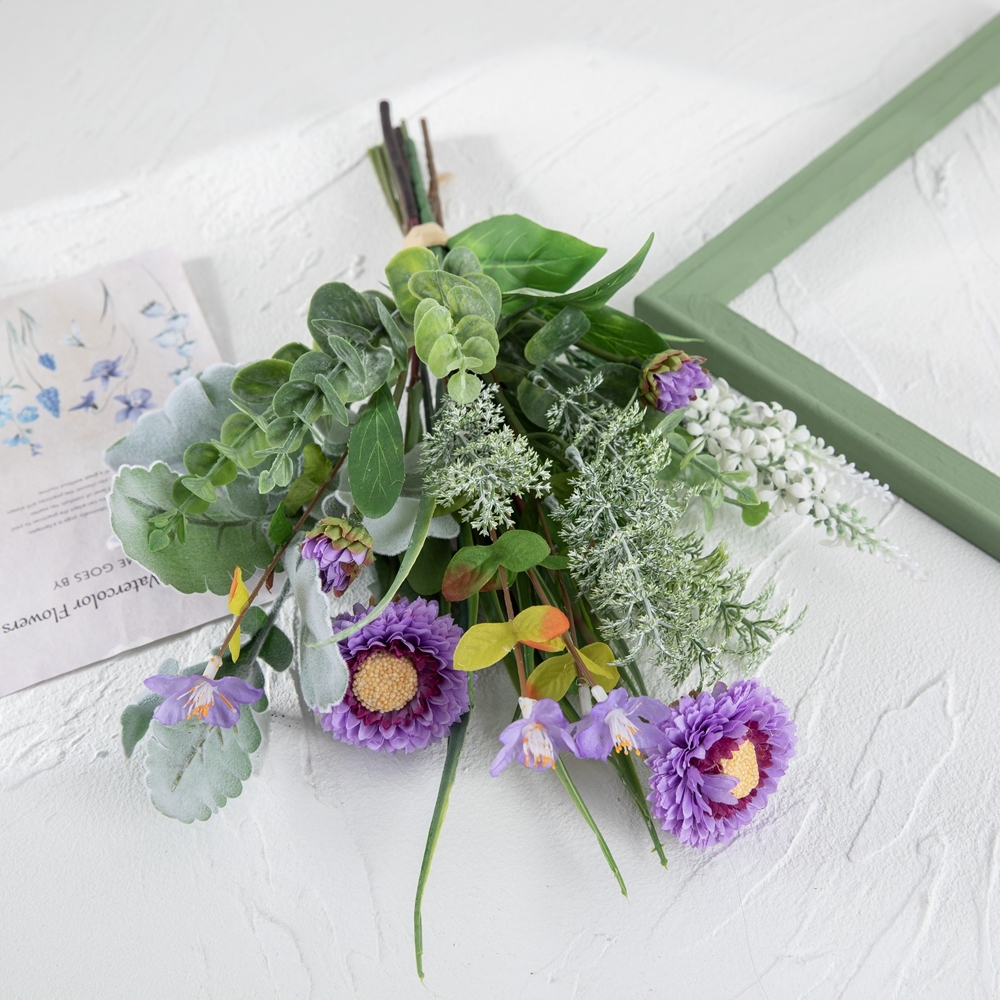 CF01295 Artificial Bouquet Purple round chrysanthemums with leaves bouquet for Home Hotel Wedding Christmas Tables Decorations