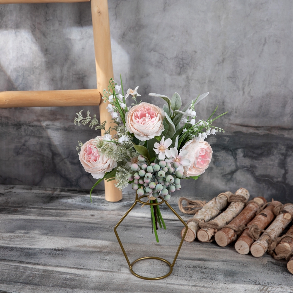CF01293 Three Pink Peonies with Berry Leaves Design Flower Arrangement Artificial Flower Bouquet for for Home Decoration