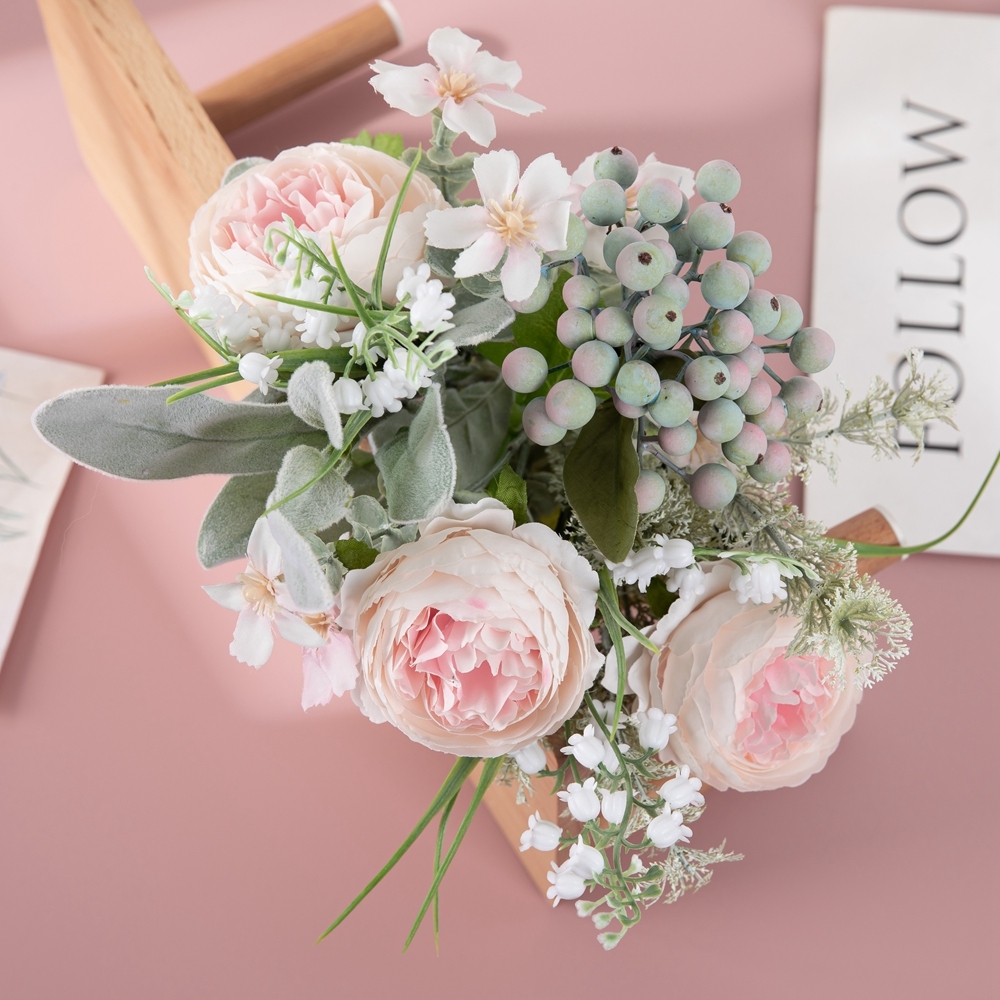 CF01293 Three Pink Peonies with Berry Leaves Design Flower Arrangement Artificial Flower Bouquet for for Home Decoration