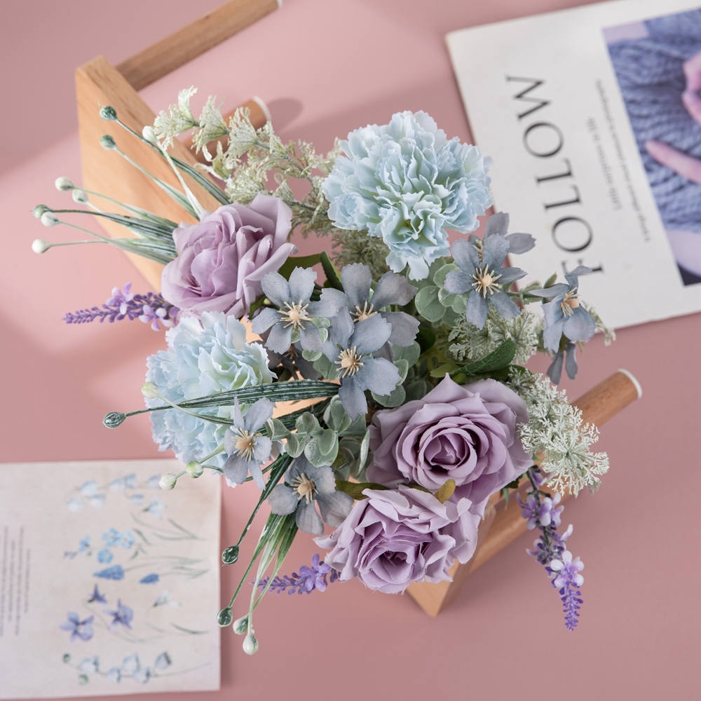 CF01289 Artificial Flowers Silk Purple Rose Blue Carnation Orchid Lavender Bouquet for Wedding Centerpieces Home Party Decor