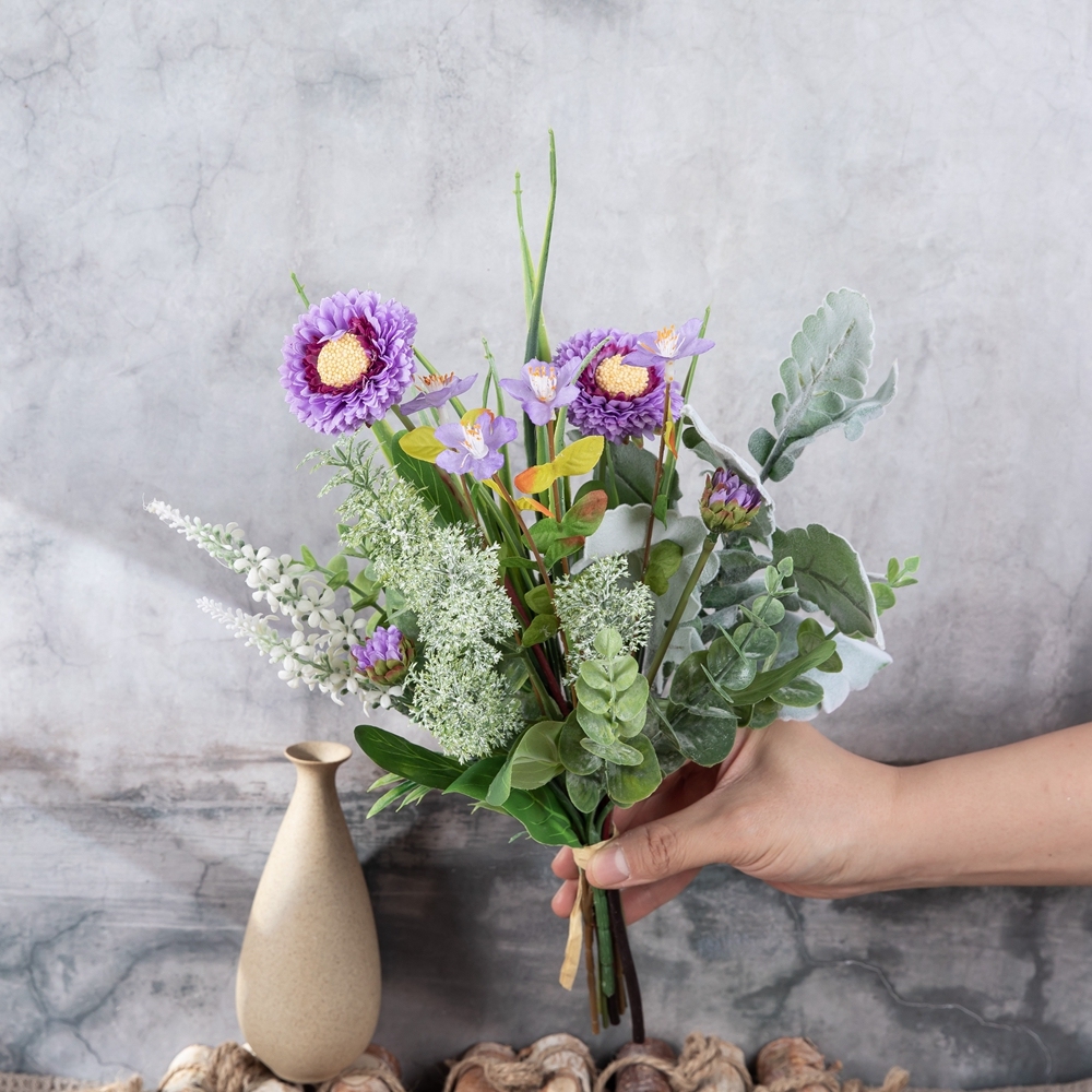CF01295 Artificial Bouquet Purple round chrysanthemums with leaves bouquet for Home Hotel Wedding Christmas Tables Decorations