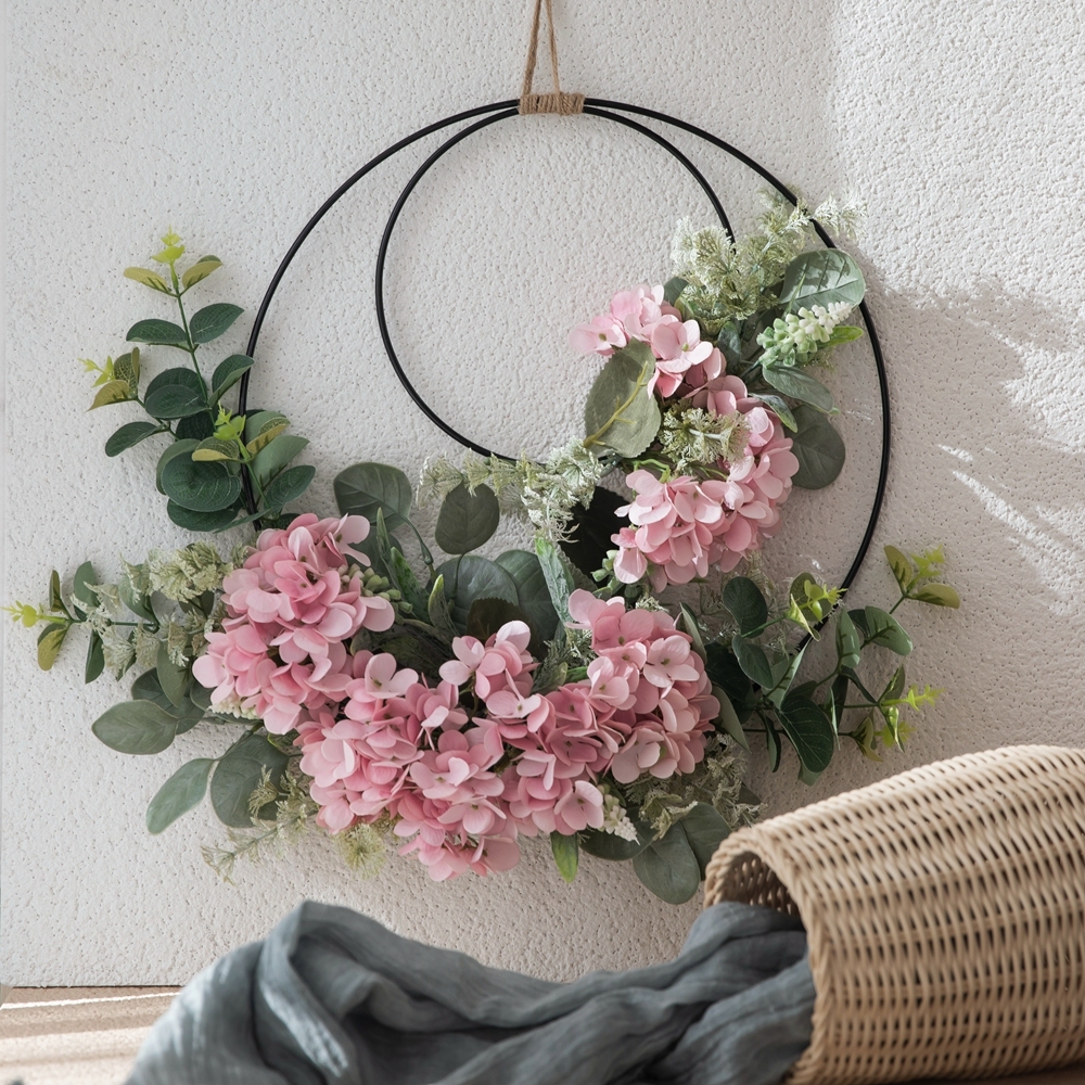CF01034 Hot Sale Artificial Hydrangea Eucalyptus Double Wreath For Silk Flowers