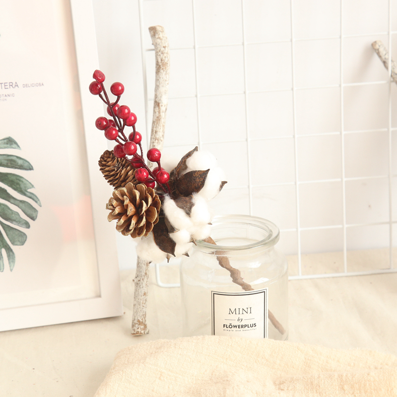 MW61199 Cheap New Arrival Low MOQ Artificial Flower Christmas Cotton Pine Cone Berry Mini Bunch Home Event Holiday Party Decor