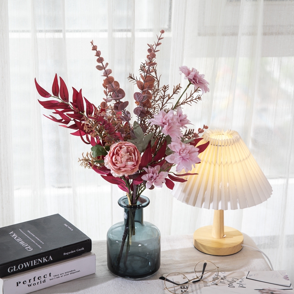 CF01279 New Style Factory Direct Sale Artificial Silk Peony Dahlia Bamboo Leaves Plastic Eucalyptus For Party Weeding Decoration