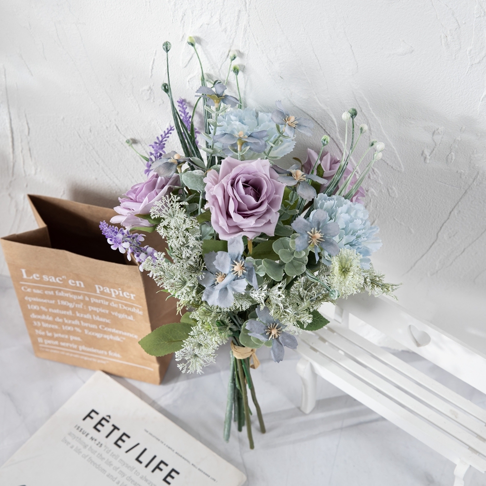 CF01289 Artificial Flowers Silk Purple Rose Blue Carnation Orchid Lavender Bouquet for Wedding Centerpieces Home Party Decor