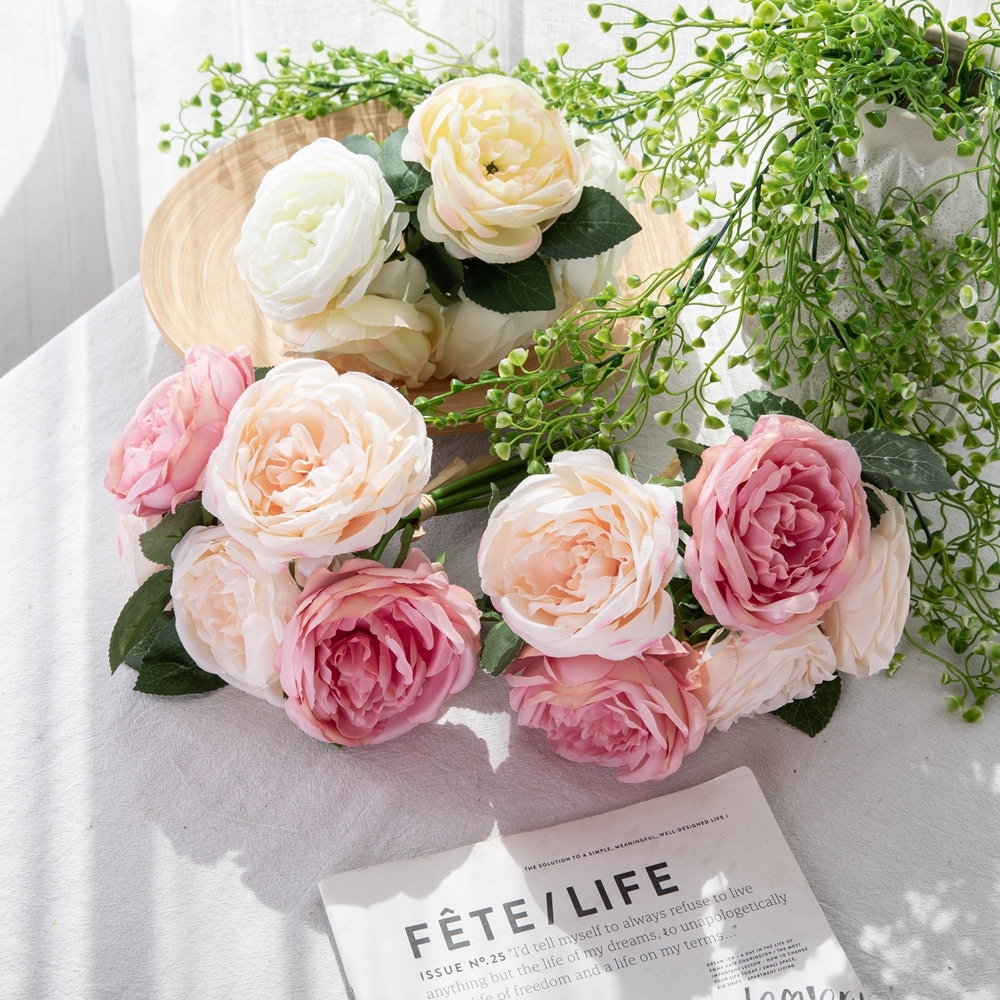GF13941-5 Factory Direct Sale Artificial Flower Bouquet Five Head Artificial Silk Rose For Flower Wall Backdrop