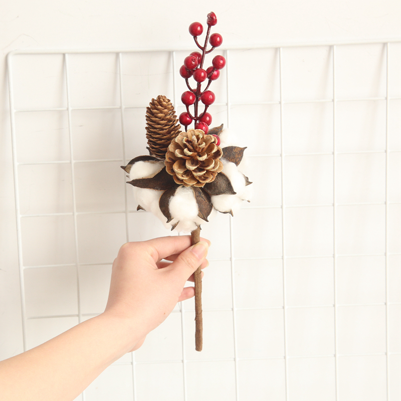 MW61199 Cheap New Arrival Low MOQ Artificial Flower Christmas Cotton Pine Cone Berry Mini Bunch Home Event Holiday Party Decor