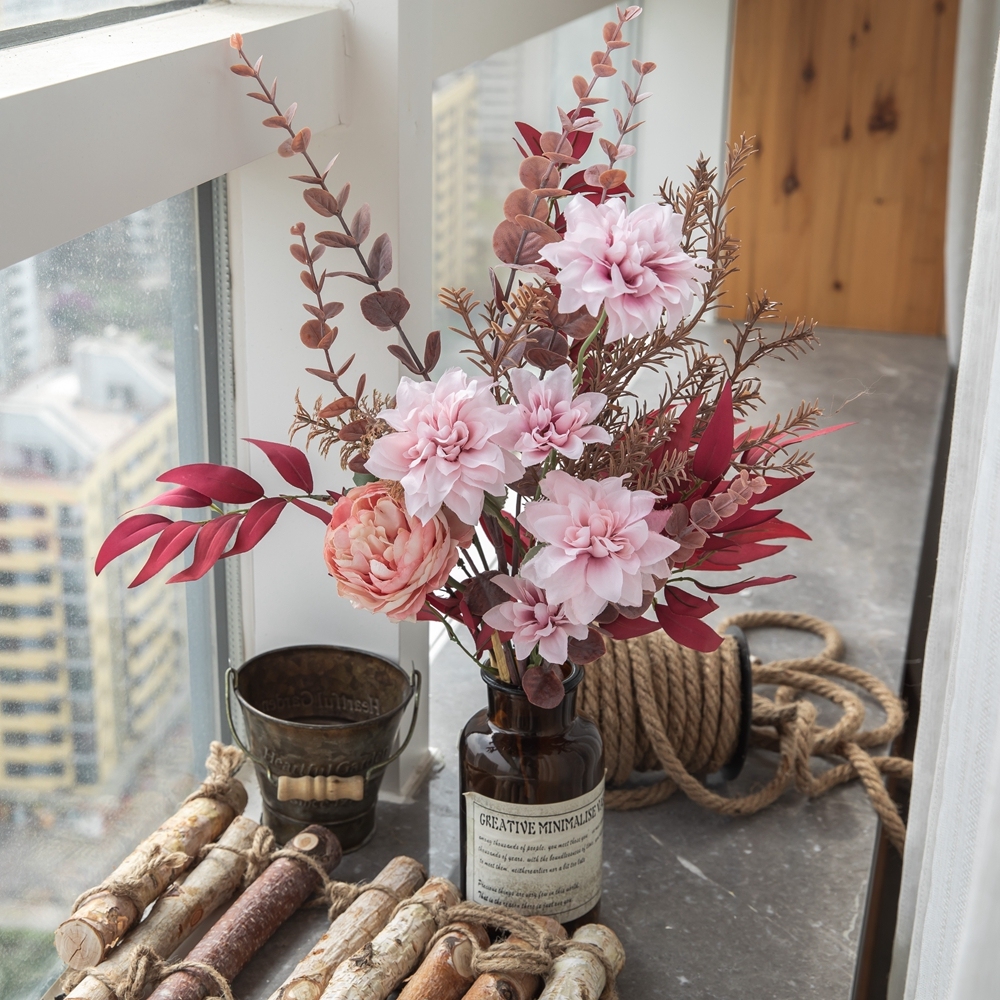 CF01279 New Style Factory Direct Sale Artificial Silk Peony Dahlia Bamboo Leaves Plastic Eucalyptus For Party Weeding Decoration