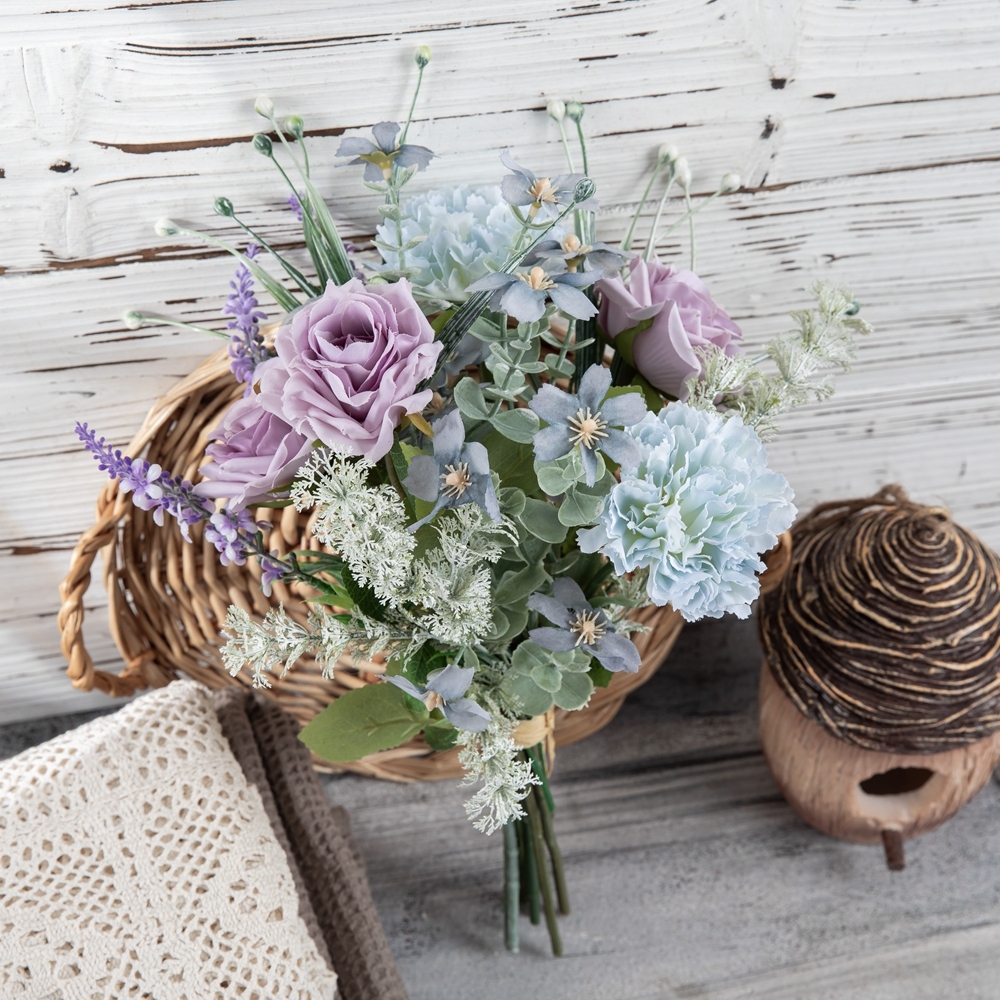 CF01289 Artificial Flowers Silk Purple Rose Blue Carnation Orchid Lavender Bouquet for Wedding Centerpieces Home Party Decor