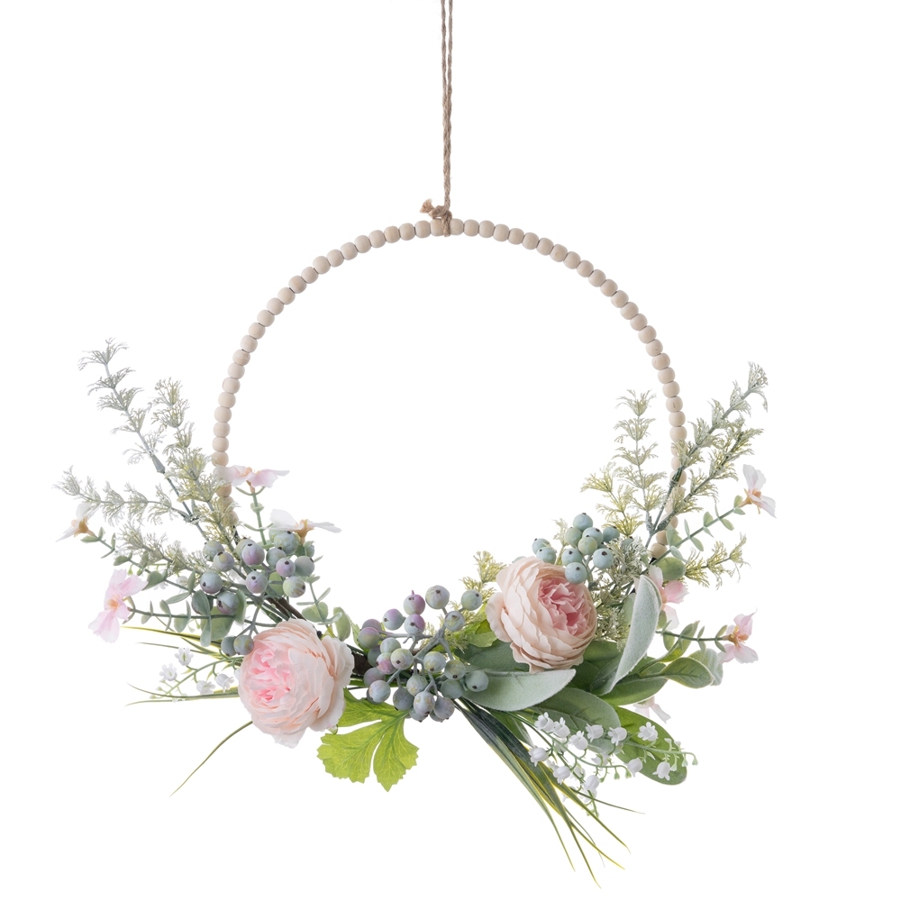 CF01294 Artificial Flower Pink Ranunculus Rose Berry Orchid Wood Beads Flower Wreath for Home Decor Christmas Decor