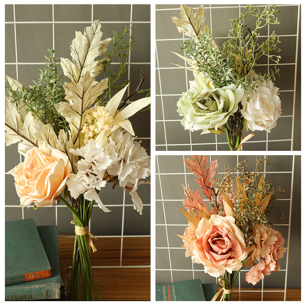 YC1058 Popular Handmade Exquisite Silk Rose Eucylaptus Leaves Flower Bouquets For Flower Wall Backdrop