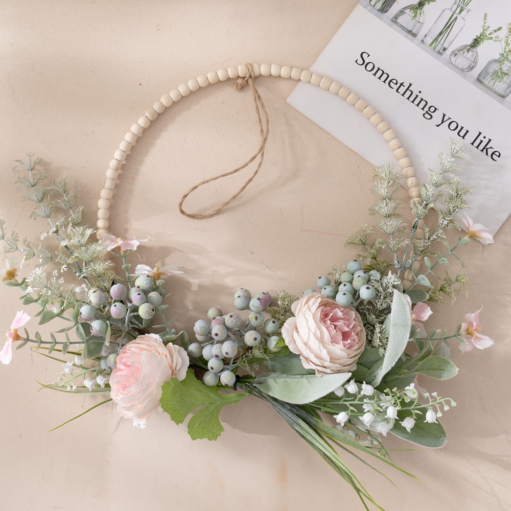 CF01294 Artificial Flower Pink Ranunculus Rose Berry Orchid Wood Beads Flower Wreath for Home Decor Christmas Decor