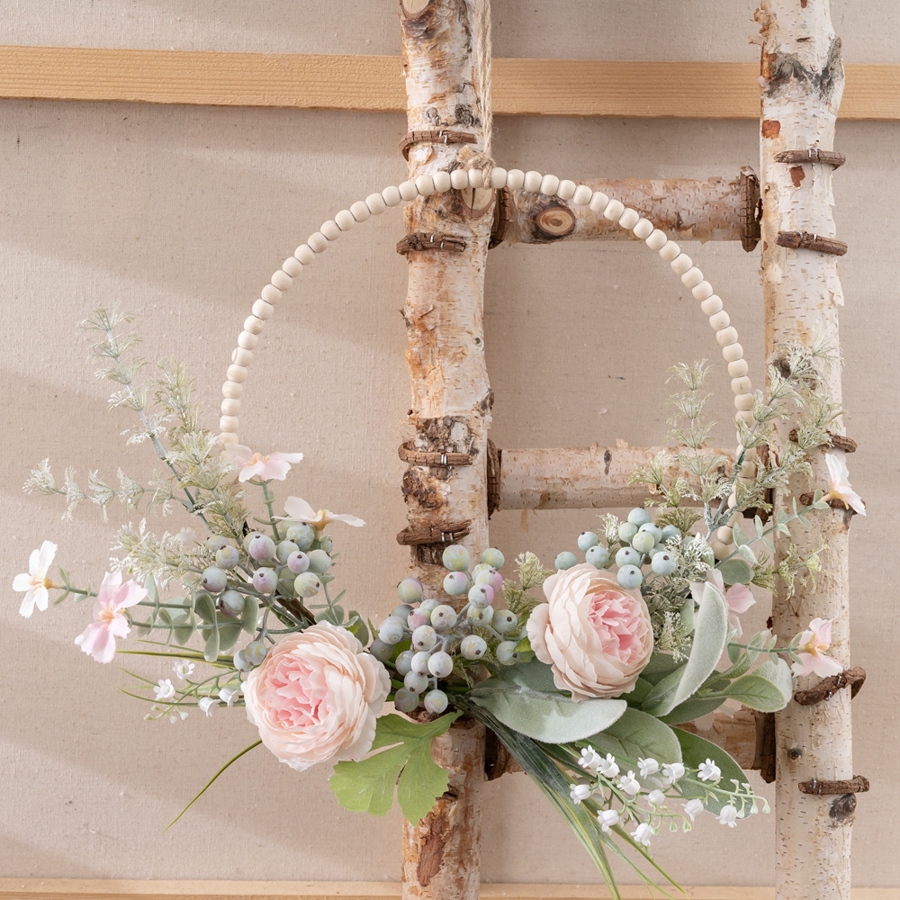 CF01294 Artificial Flower Pink Ranunculus Rose Berry Orchid Wood Beads Flower Wreath for Home Decor Christmas Decor