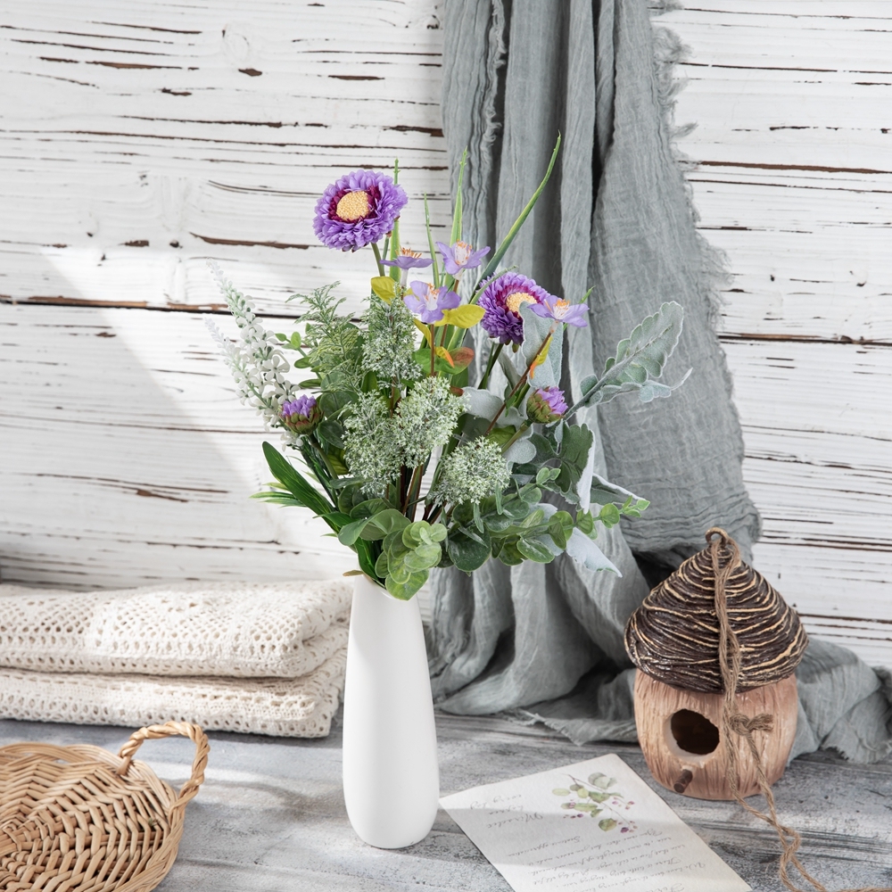 CF01295 Artificial Bouquet Purple round chrysanthemums with leaves bouquet for Home Hotel Wedding Christmas Tables Decorations