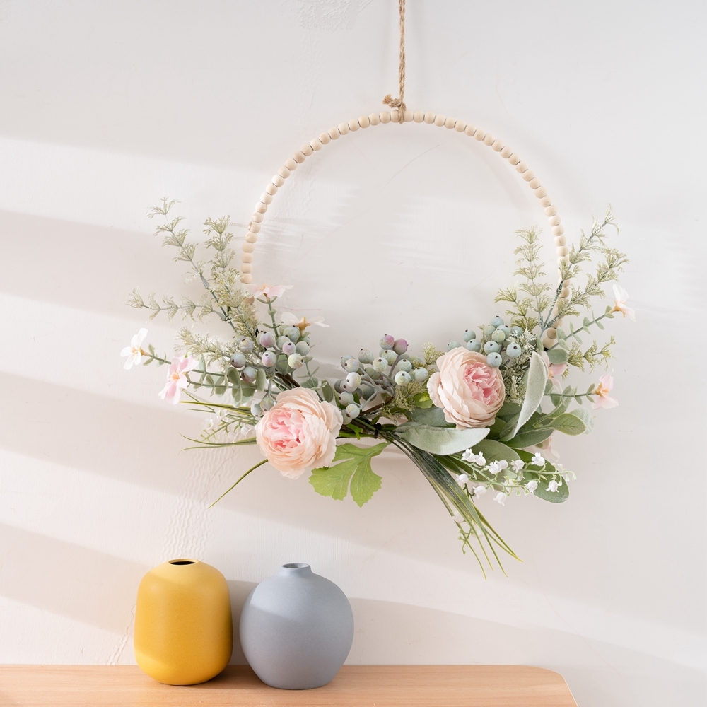 CF01294 Artificial Flower Pink Ranunculus Rose Berry Orchid Wood Beads Flower Wreath for Home Decor Christmas Decor