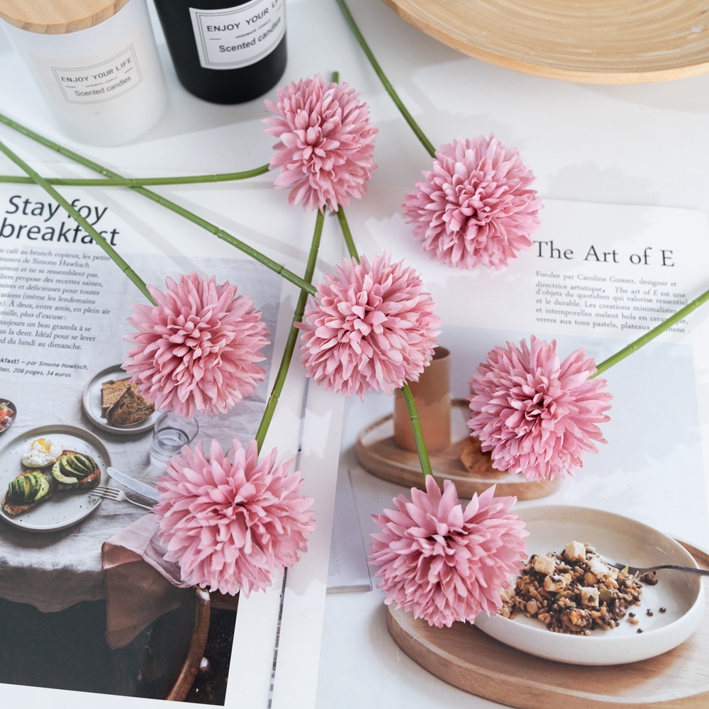 MW83116-1 Dark Pink Silk Artificial Dandelion Chrysanthemum Ball Hydrangea for Home Garden Party Wedding Decoration